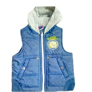 Vintage Baby Q Blue Quilted Vest with Gray Hood and Zipper